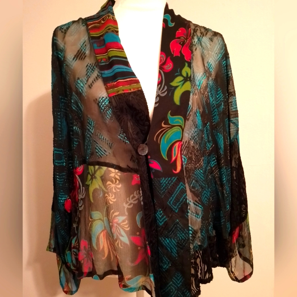 Sheer velvet Chicos M/L flowy boho multicolored patterned blouse
